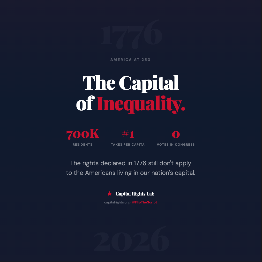 Flip the Script - The Capital of Inequality. Dark blue background showing 700K residents, #1 taxes per capita, 0 votes in Congress.