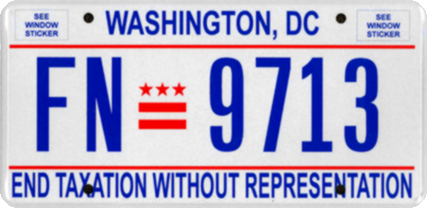 A Washington, DC license plate reading End Taxation Without Representation.